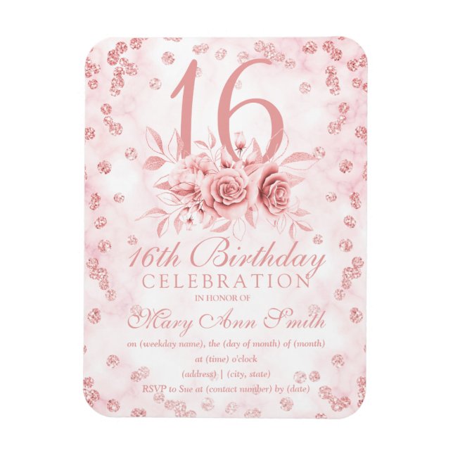 Girly Marble Glitzer Rose Gold Floral Sweet 16. I Magnet (Vertikal)