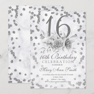 Girly Marble Glitzer Silver Floral Sweet 16. Einladung
