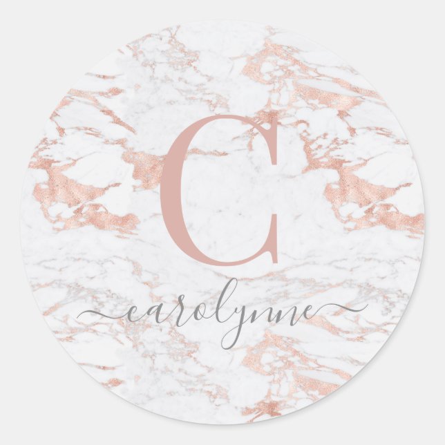Girly Marble und Chic Rose Gold Foil Monogramm Runder Aufkleber (Vorderseite)