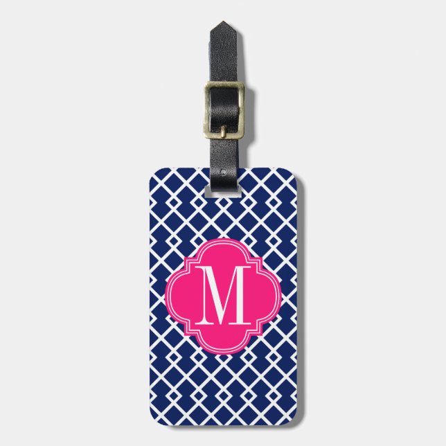 Girly Marine u. rosa Diamant-Gitter personalisiert Gepäckanhänger (Vorderseite vertikal)