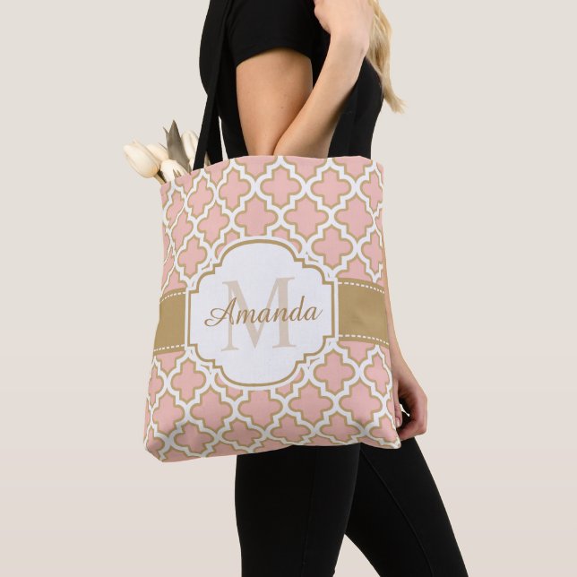 Girly marokkanisches Muster-Goldrosa-Monogramm Tasche (Von Nahem)