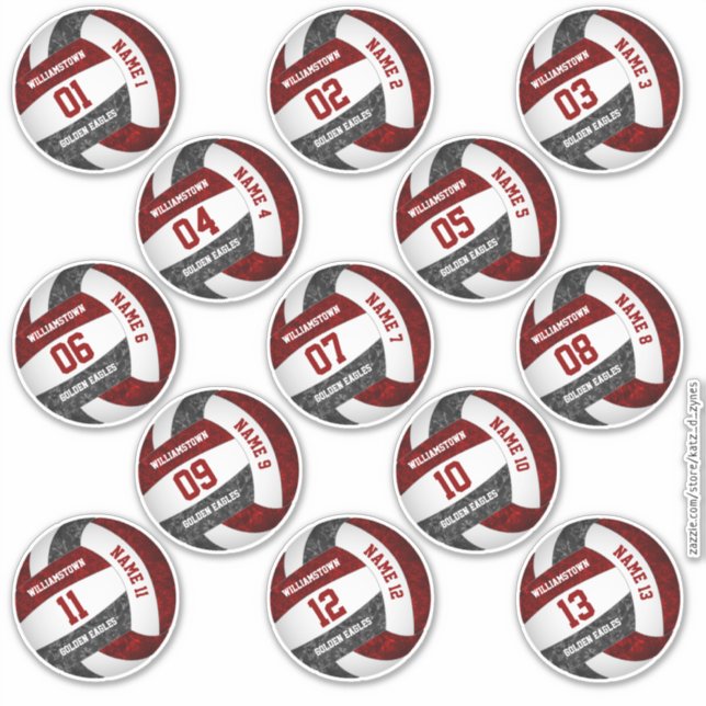 Girly Maroon Black Volleyball Spieler benennt Set  Aufkleber (Vorderseite)