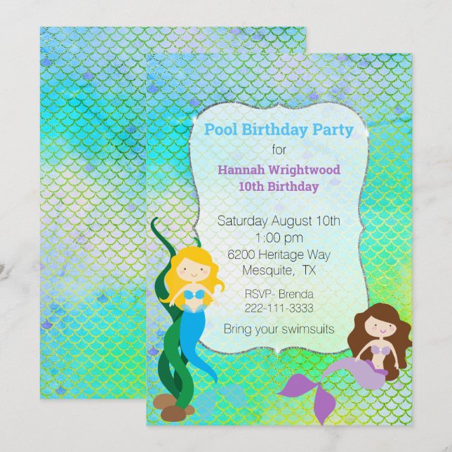 Girly Mermaid Birthday Pool Party Einladung (Vorne/Hinten)
