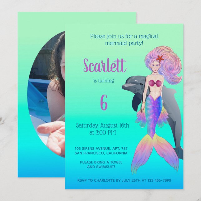 Girly Mermaid Rainbow Fairytale Birthday Foto  Einladung (Vorne/Hinten)
