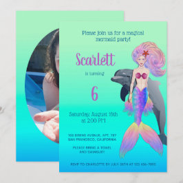 Girly Mermaid Rainbow Fairytale Birthday Foto  Einladung