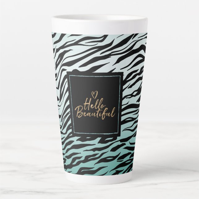 Girly Mint Black Zebra Print Ombre Hallo schön Milchtasse (Vorderseite)