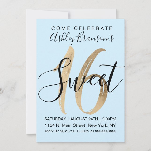 Girly Mint Blue Imitats Gold Foil Sweet 16 Einladung (Vorderseite)