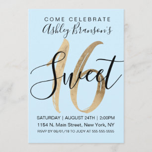 Girly Mint Blue Imitats Gold Foil Sweet 16 Einladung