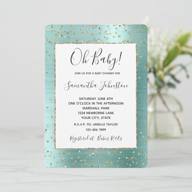Girly Mint Glam Gold Sparkle Confetti Kinderdusche Einladung (Stehend Vorderseite)