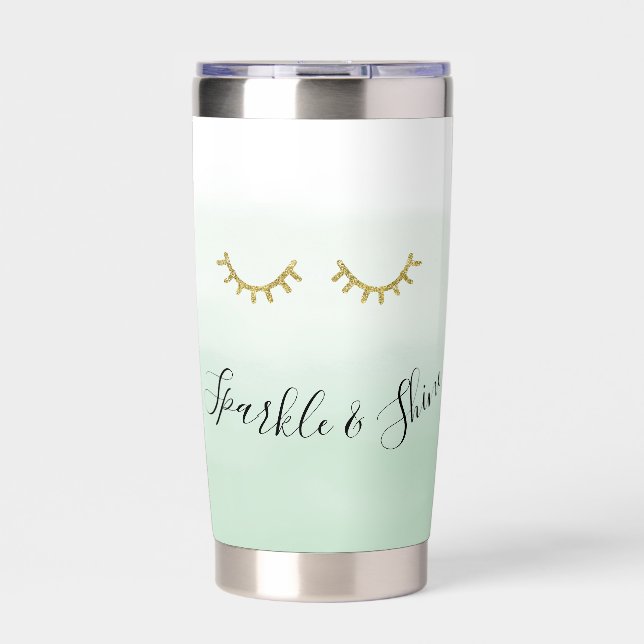 Girly Mint Gold Glitzer Eyelashes Sparkle Thermobecher (Vorderseite)