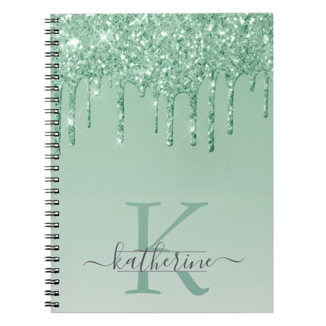 Girly Mint Green Glitzer Tropfen Mit Monogramm Notizblock (Vorderseite)
