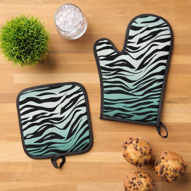 Girly Mint Ombre Black Zebra Print Ofenhandschuh & Topflappen-Set (Oben Unten)