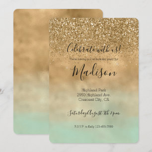 Girly Mint Wasserfarbe Gold Glitter Einladung
