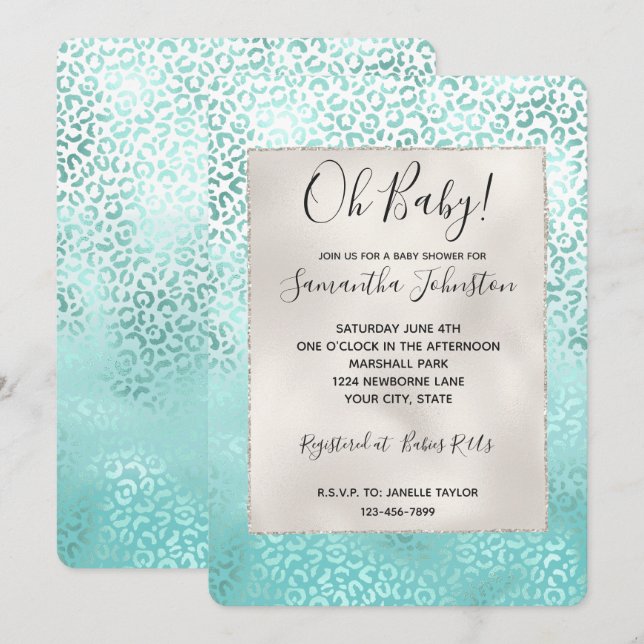 Girly Mint White Glam Ombre Leopard Print Einladung (Vorne/Hinten)