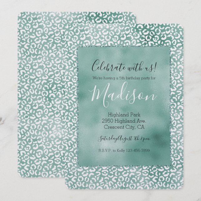 Girly Mint White Leopard Print Einladung (Vorne/Hinten)