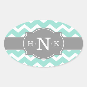 Girly Mint Zickzack Gray Monogram Ovaler Aufkleber