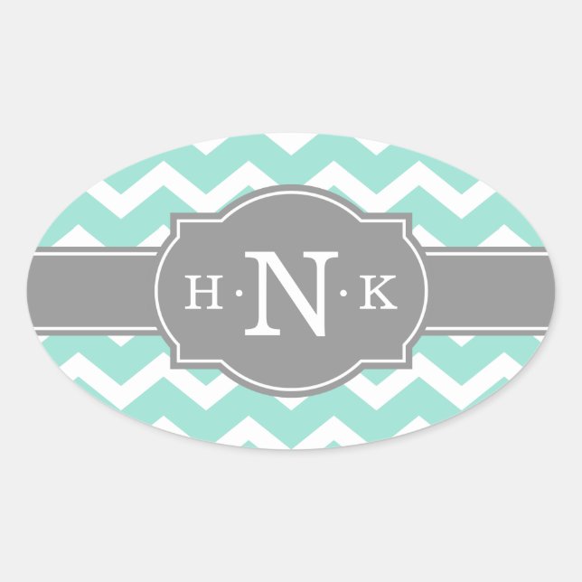 Girly Mint Zickzack Gray Monogram Ovaler Aufkleber (Vorderseite)
