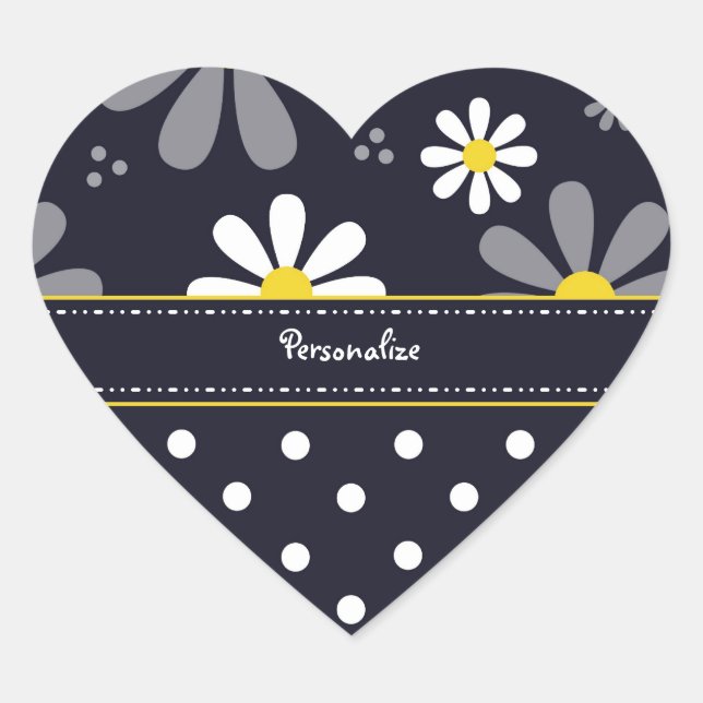 Girly Mod Daisies und Polka Punkte mit Namen Herz-Aufkleber (Vorderseite)