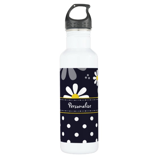 Girly Mod-Gänseblümchen und Polka-Punkte mit Namen Trinkflasche (Vorderseite)