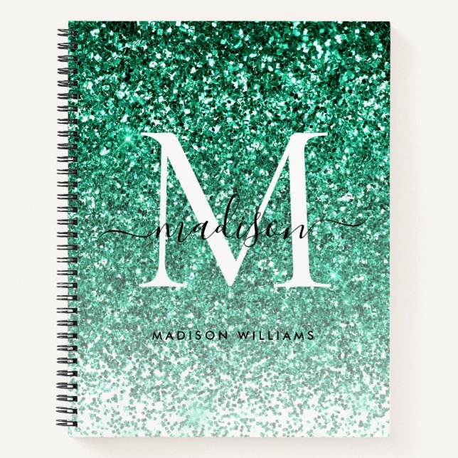 Girly Modern Aquamarin Green Glitzer Sparkle Monog Notizbuch (Vorderseite)