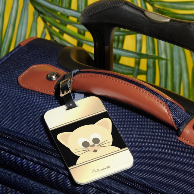Girly Modern Black,Gold Kitty -Personalisiert Gepäckanhänger (Vorderseite Insitu 1)