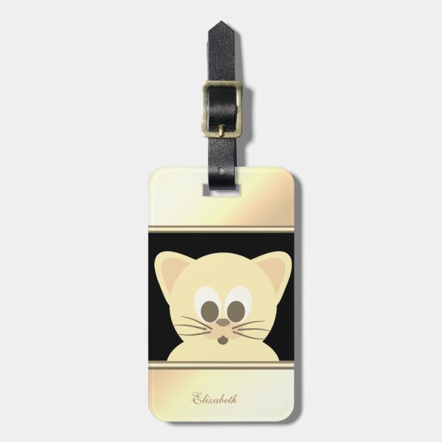 Girly Modern Black,Gold Kitty -Personalisiert Gepäckanhänger (Vorderseite vertikal)