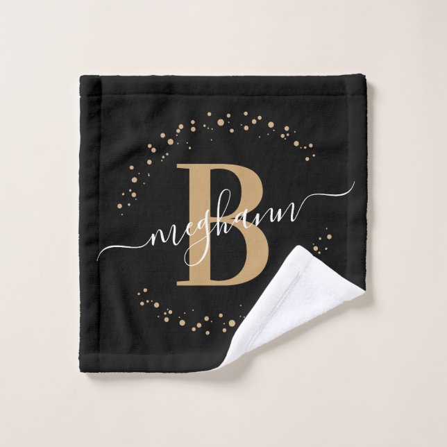 Girly Modern Black Gold Nom Script Monogrammé (Gant de toilette)