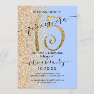 Girly Modern Blue Gold Glitzer Ombre Quinceañera Einladung