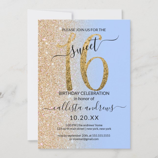 Girly Modern Blue Gold Glitzer Ombre Sweet 16 Einladung (Vorderseite)
