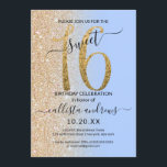 Girly Modern Blue Gold Glitzer Ombre Sweet 16 Einladung<br><div class="desc">Diese hübsche 16 . Geburtstag-Geburtstagsfeier lädt zum Verweilen bei einer jungen Teenagertochter ein. Es verfügt über ein Imitat gedruckt funkelnd Gold Glitzer groß, "16", auf einem einfachen pastellfarbenen Gelassenheit blau und Imitate Gold Glitzer seitwärts Gradienten ombre Hintergrund. Es ist einfach, einzigartig, modern, hübsch und elegant! ***WICHTIGE HINWEIS FÜR DESIGN: Für...</div>