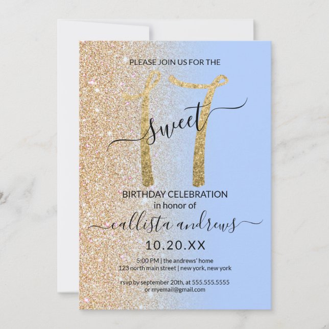 Girly Modern Blue Gold Glitzer Ombre Sweet 17 Einladung (Vorderseite)
