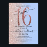 Girly Modern Blue Rose Gold Glitzer Ombre Sweet 16 Einladung<br><div class="desc">Diese hübsche 16 . Geburtstag-Geburtstagsfeier lädt zum Verweilen bei einer jungen Teenagertochter ein. Es verfügt über ein Imitat gedruckt funkelnd Rose Gold Glitzer groß, "16", auf einem einfachen pastellfarbenen Gelassenheit Blau und Imitate Rose Gold Glitzer seitwärts Gradienten ombre Hintergrund. Es ist einfach, einzigartig, modern, hübsch und elegant! ***WICHTIGE HINWEIS FÜR...</div>