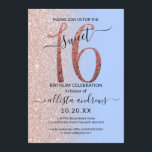 Girly Modern Blue Rose Gold Glitzer Ombre Sweet 16 Einladung<br><div class="desc">Diese hübsche 16 . Geburtstag-Geburtstagsfeier lädt zum Verweilen bei einer jungen Teenagertochter ein. Es verfügt über ein Imitat gedruckt funkelnd Rose Gold Glitzer groß, "16", auf einem einfachen pastellfarbenen Gelassenheit Blau und Imitate Rose Gold Glitzer seitwärts Gradienten ombre Hintergrund. Es ist einfach, einzigartig, modern, hübsch und elegant! ***WICHTIGE HINWEIS FÜR...</div>