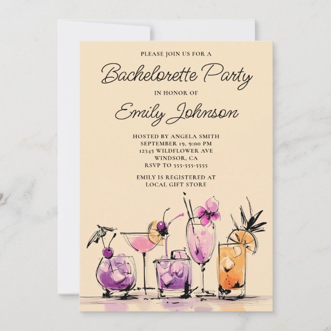 Girly Modern Cocktails Illustration Bachelorette Einladung (Vorderseite)