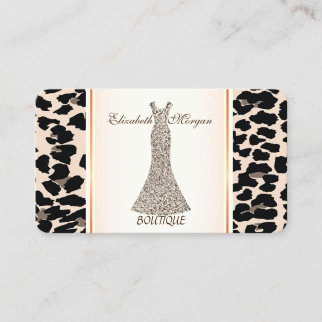 Girly Modern Elegant, Leopard Print, Glitzer Dress Visitenkarte (Vorderseite)