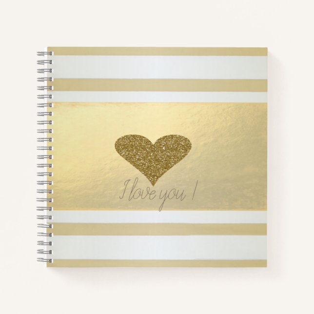 Girly Modern Gold Streifen, Glitzer Herz Notizbuch (Vorderseite)