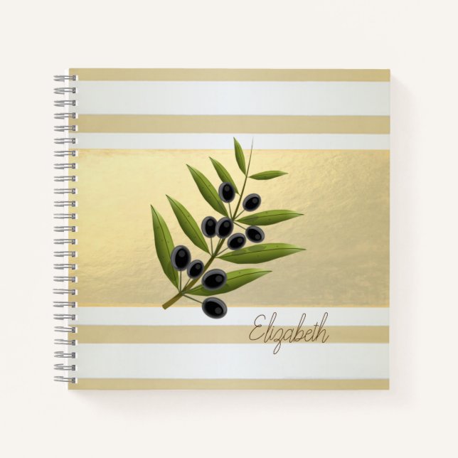 Girly Modern Gold Streifen, Olivenzweig Notizbuch (Vorderseite)