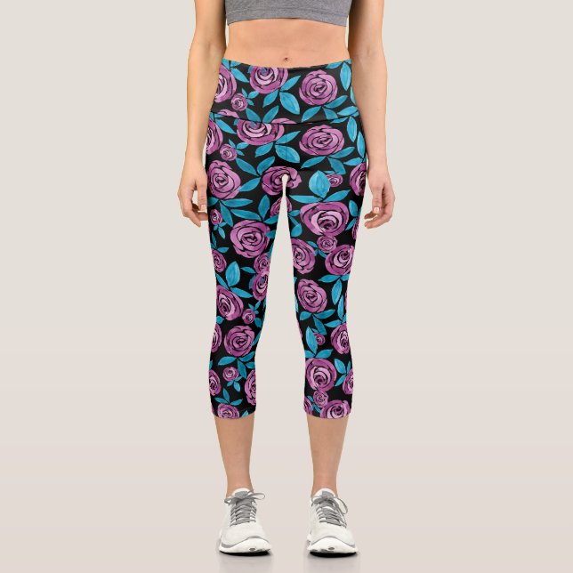 Girly Modern Lila, Aquamarine grüne Wasserfarbe Capri Leggings (Vorderseite)
