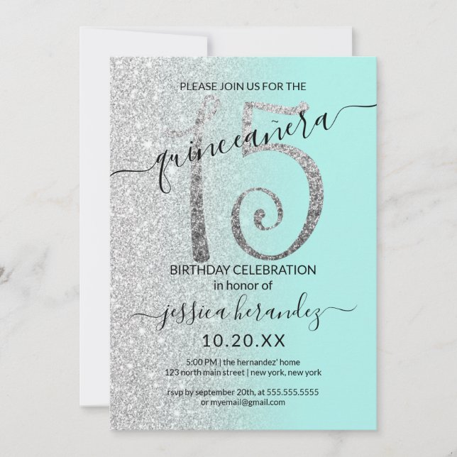 Girly Modern Minze Silver Glitzer Ombre Quinceañer Einladung (Vorderseite)