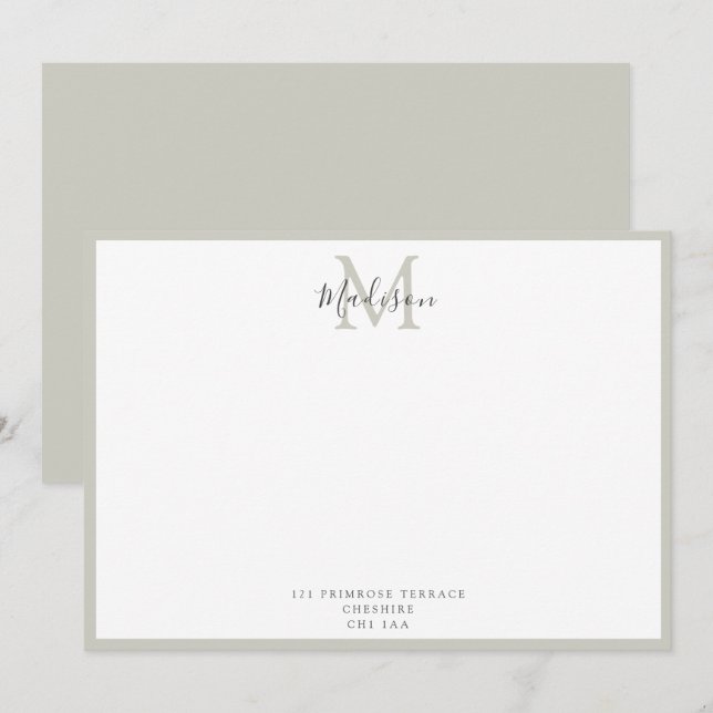 Girly Modern Pastel Grey Handletted Monogram N Mitteilungskarte (Vorne/Hinten)
