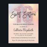 Girly Modern Peach Iridescent Foil Ombre Sweet 16 Einladungspostkarte<br><div class="desc">Diese hübsche und elegante Geburtstagsfeier in 16 . Geburtstag ist perfekt für Ihre junge Teenagerin. Das moderne und schicke Imitat ist in rosa, blau, lila und pfirsichfarben mit einer glänzenden Perlnacre-Folie mit ombre-Farbverlauf auf einem peachy-rosa Hintergrund bedruckt. Im Hintergrund befindet sich auch ein Imitat mit der Aufschrift "16" für eine...</div>