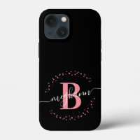 Girly Modern Pink Black Name Script Monogrammed