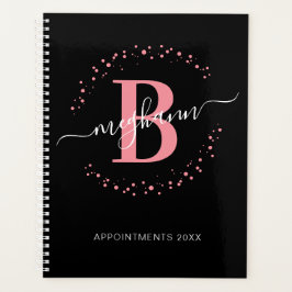 Girly Modern Pink Black Name Script Monogrammed Planer