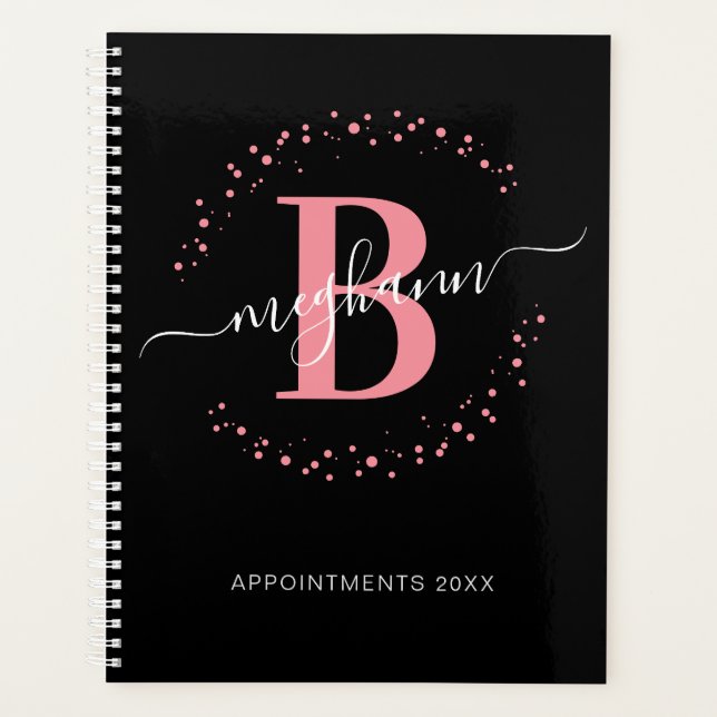 Girly Modern Pink Black Name Script Monogrammed Planer (Vorderseite)