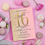 Girly Modern Pink Gold Glitzer Ombre Sweet 16 Einladung<br><div class="desc">Diese hübsche 16 . Geburtstag-Geburtstagsfeier lädt zum Verweilen bei einer jungen Teenagertochter ein. Es verfügt über ein Imitat gedruckt funkelnd Gold Glitzer groß, "16", auf einem einfachen charmant pink und Imitat Gold Glitzer seitwärts Gradienten ombre Hintergrund. Es ist einfach, einzigartig, modern, hübsch und elegant! ***WICHTIGE HINWEIS FÜR DESIGN: Für individuelle...</div>