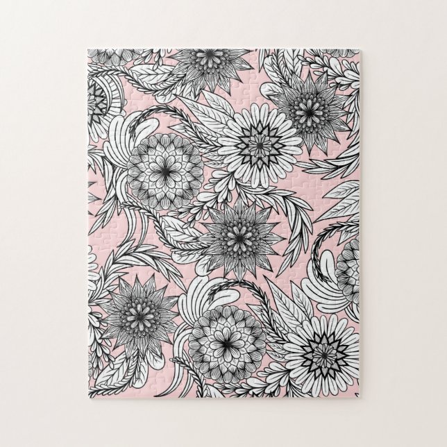 Girly Modern Pink Schwarz-weiße Blumenzeichnungen (Vertikal)