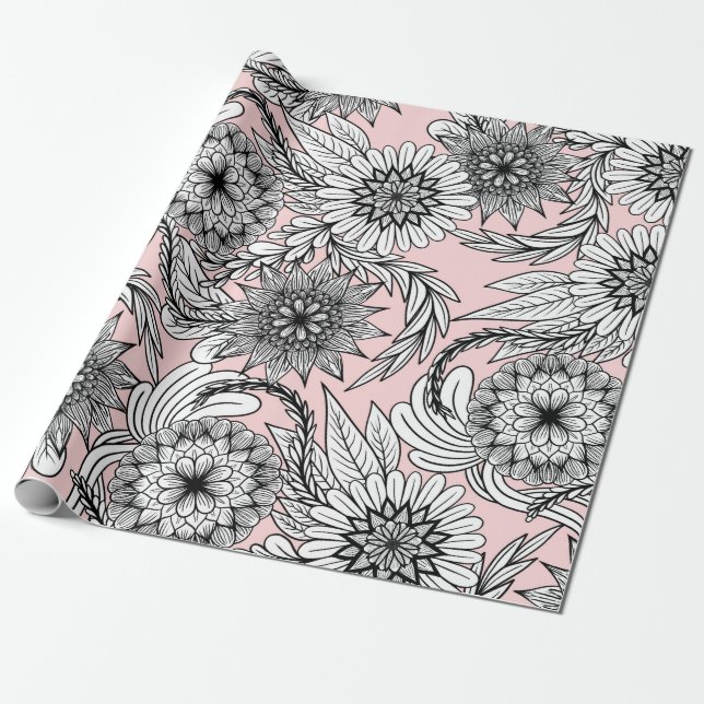 Girly Modern Pink Schwarz-weiße Blumenzeichnungen Geschenkpapier (Ungerollt)