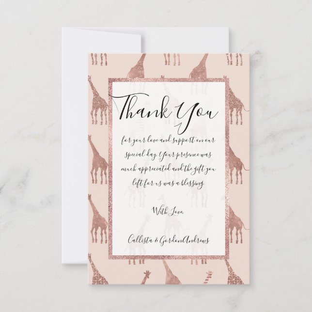 Girly Modern Rose Gold Blush Pink Giraffen Dankeskarte (Vorderseite)