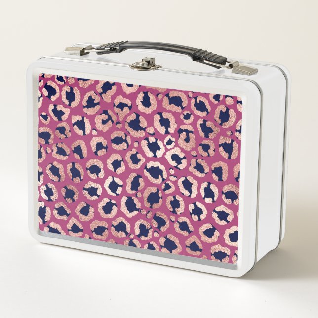 Girly Modern Rose Gold Navy Lila Leopard Print Metall Brotdose (Vorderseite)