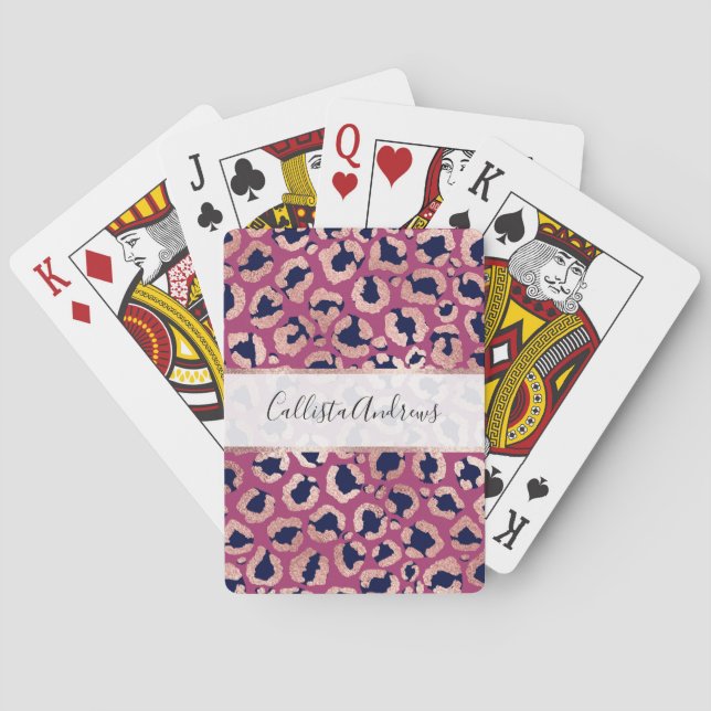 Girly Modern Rose Gold Navy Lila Leopard Print Spielkarten (Rückseite)